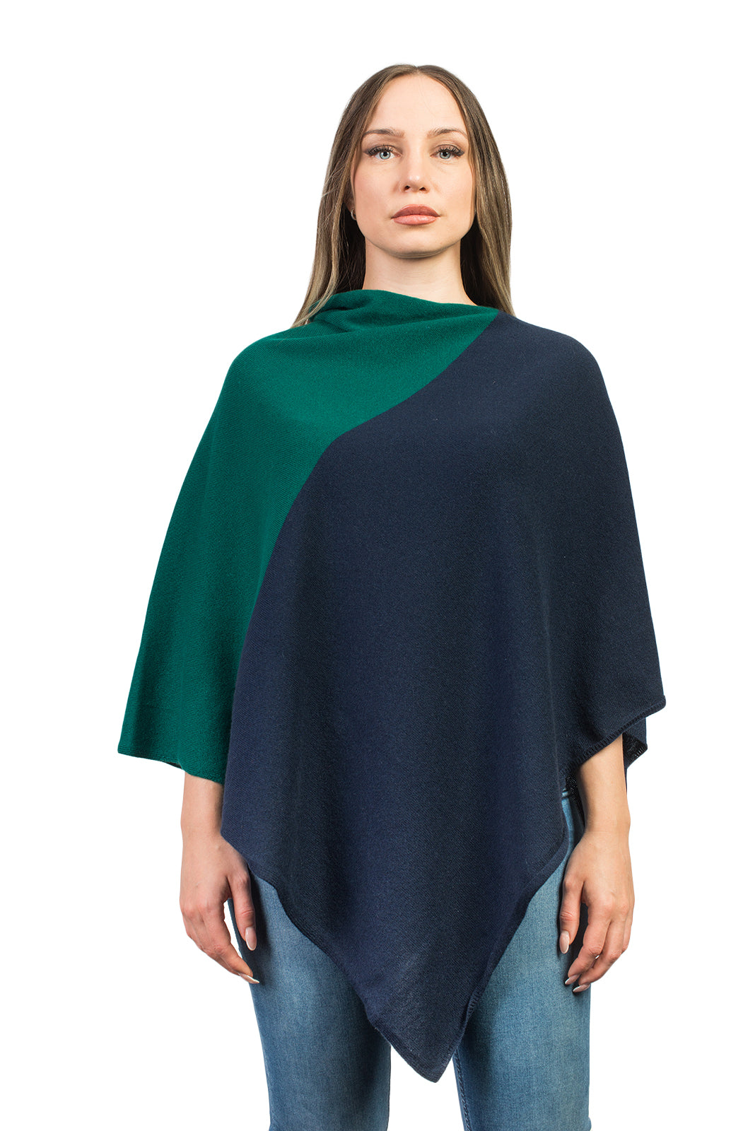 Two-tone 100% cashmere poncho, colour Blue-Green | Dalle Piane Cashmere