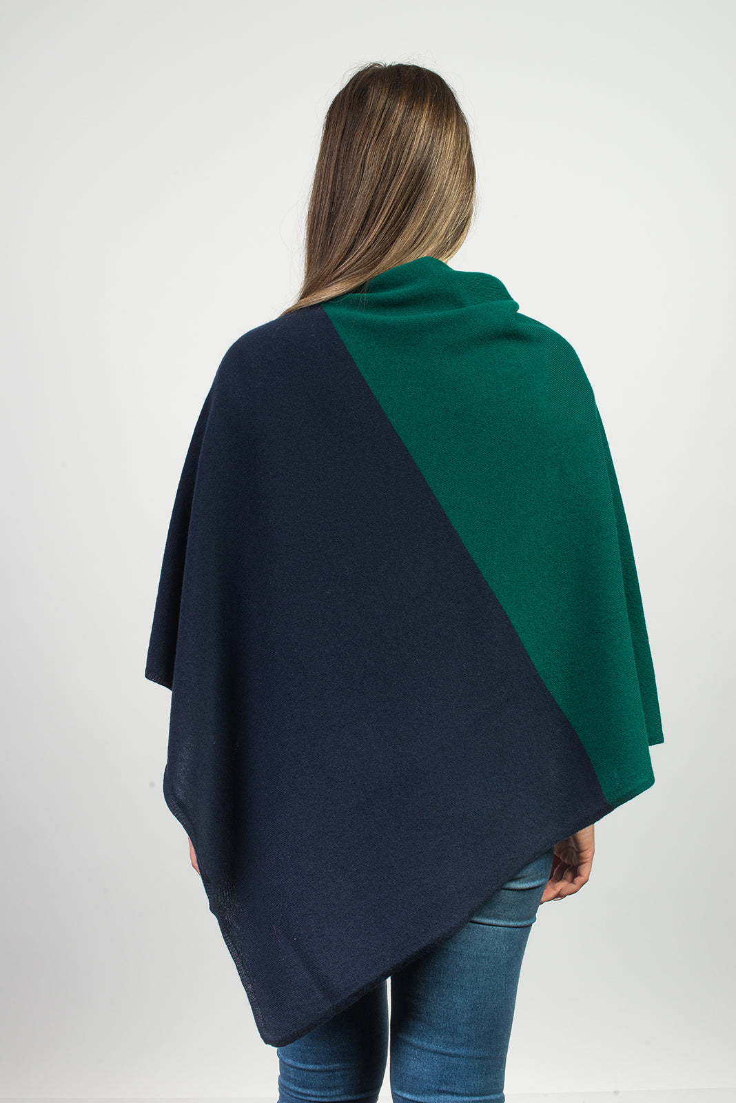 Two-tone 100% cashmere poncho, colour Blue-Green, view 3 | Dalle Piane Cashmere