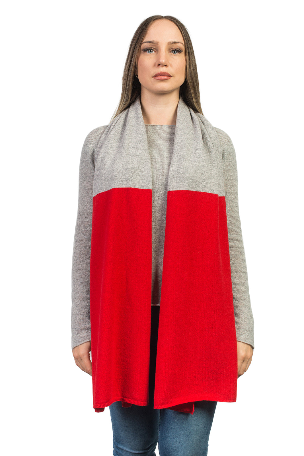 Women's two-tone 100% cashmere wrap, colour Red-Grey | Dalle Piane Cashmere