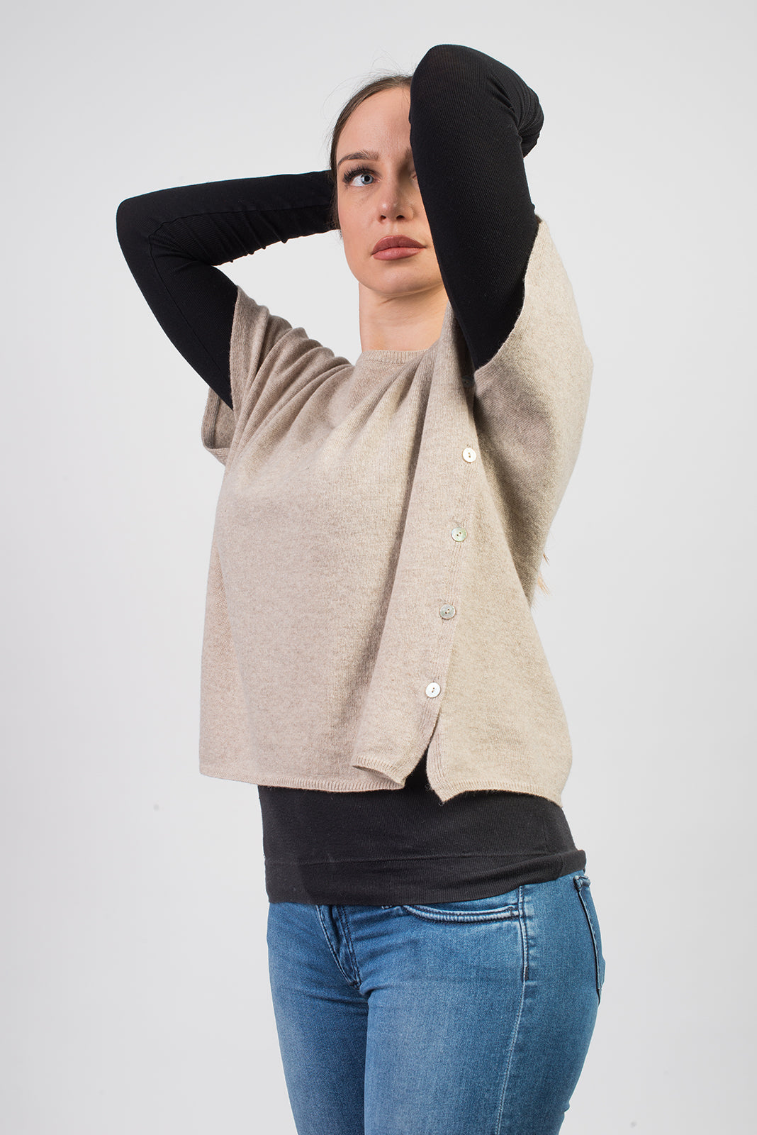 Women's cashmere blend crewneck with side buttons, colour Beige, view 2 | Dalle Piane Cashmere