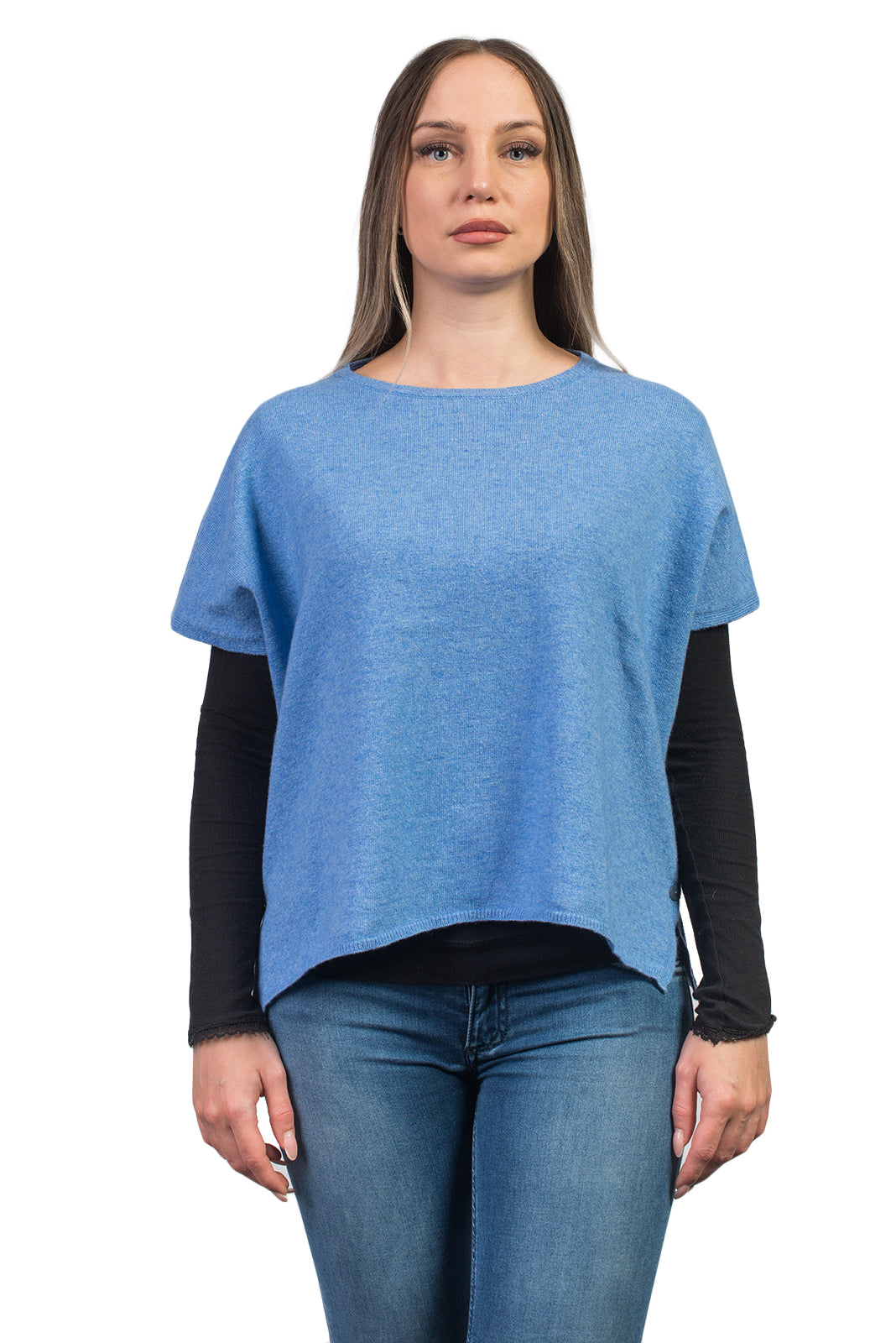 Women's cashmere blend crewneck with side buttons, colour Light Blue | Dalle Piane Cashmere
