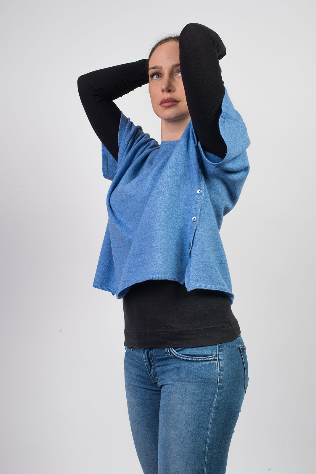 Women's cashmere blend crewneck with side buttons, colour Light Blue, view 2 | Dalle Piane Cashmere