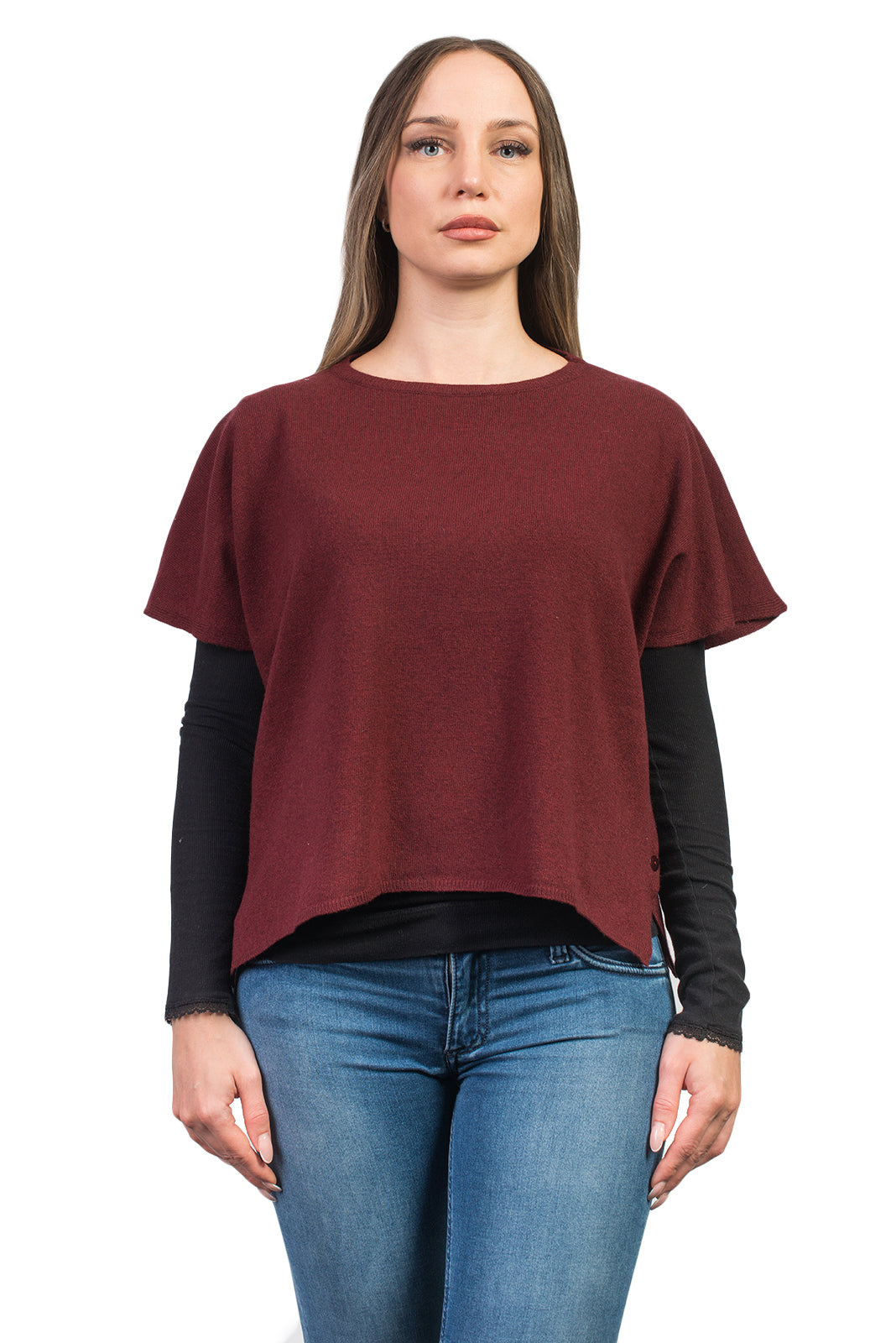 Women's cashmere blend crewneck with side buttons, colour Bordeaux | Dalle Piane Cashmere
