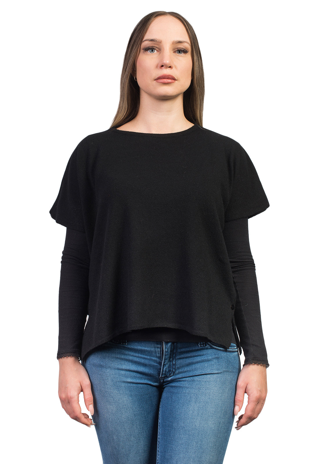 Women's cashmere blend crewneck with side buttons, colour Black | Dalle Piane Cashmere