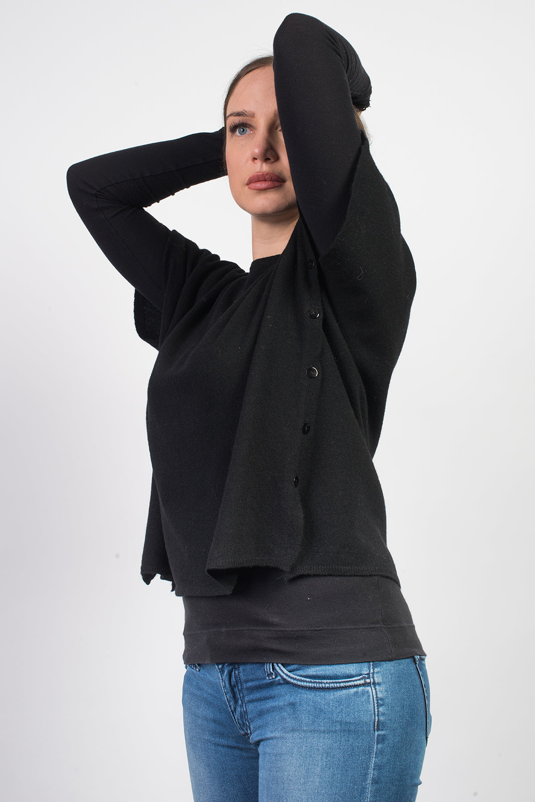 Women's cashmere blend crewneck with side buttons, colour Black, view 2 | Dalle Piane Cashmere