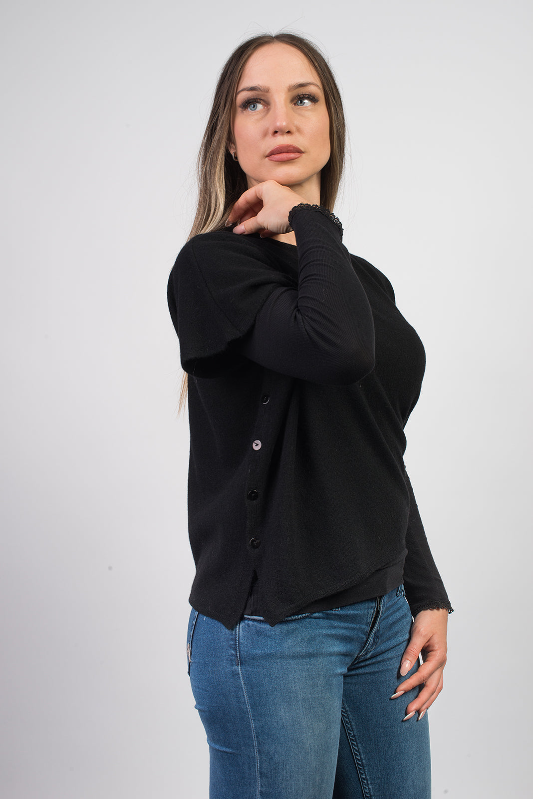 Women's cashmere blend crewneck with side buttons, colour Black, view 3 | Dalle Piane Cashmere