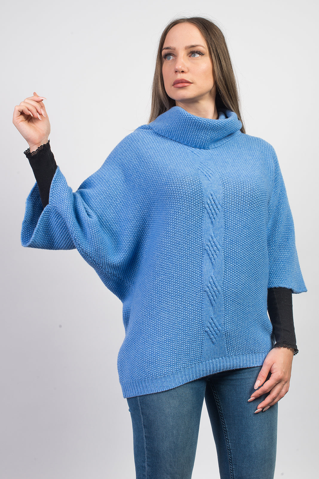 Women's cable-knit cashmere blend sweater, colour Light Blue, view 2 | Dalle Piane Cashmere