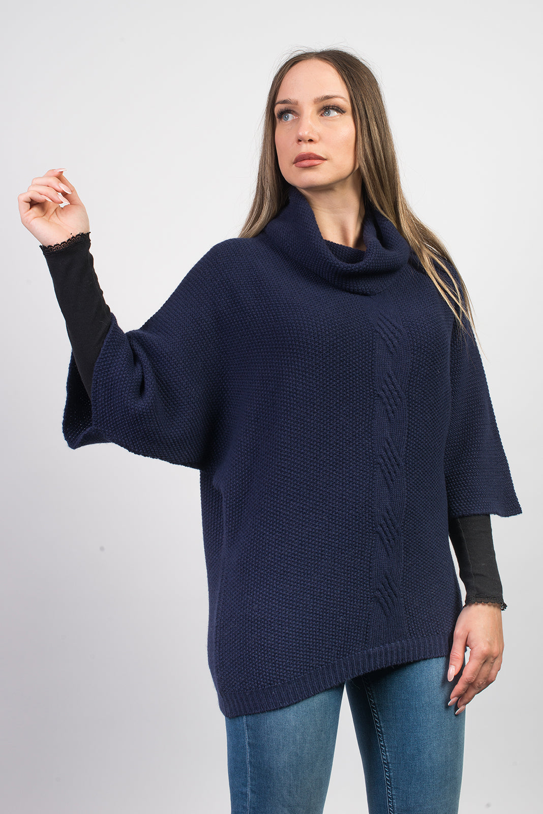 Women's cable-knit cashmere blend sweater, colour Blue, view 2 | Dalle Piane Cashmere