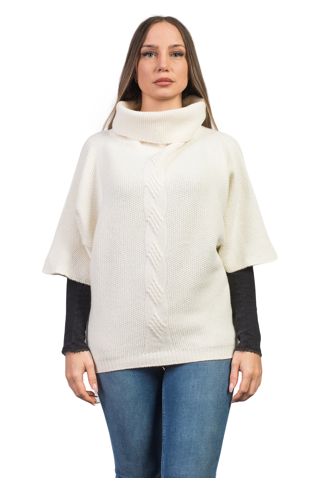Women's cable-knit cashmere blend sweater, colour Cream | Dalle Piane Cashmere
