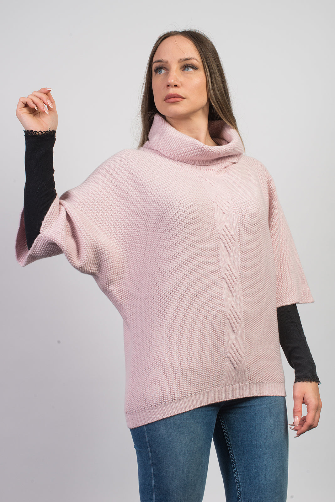 Women's cable-knit cashmere blend sweater, colour Pink, view 2 | Dalle Piane Cashmere