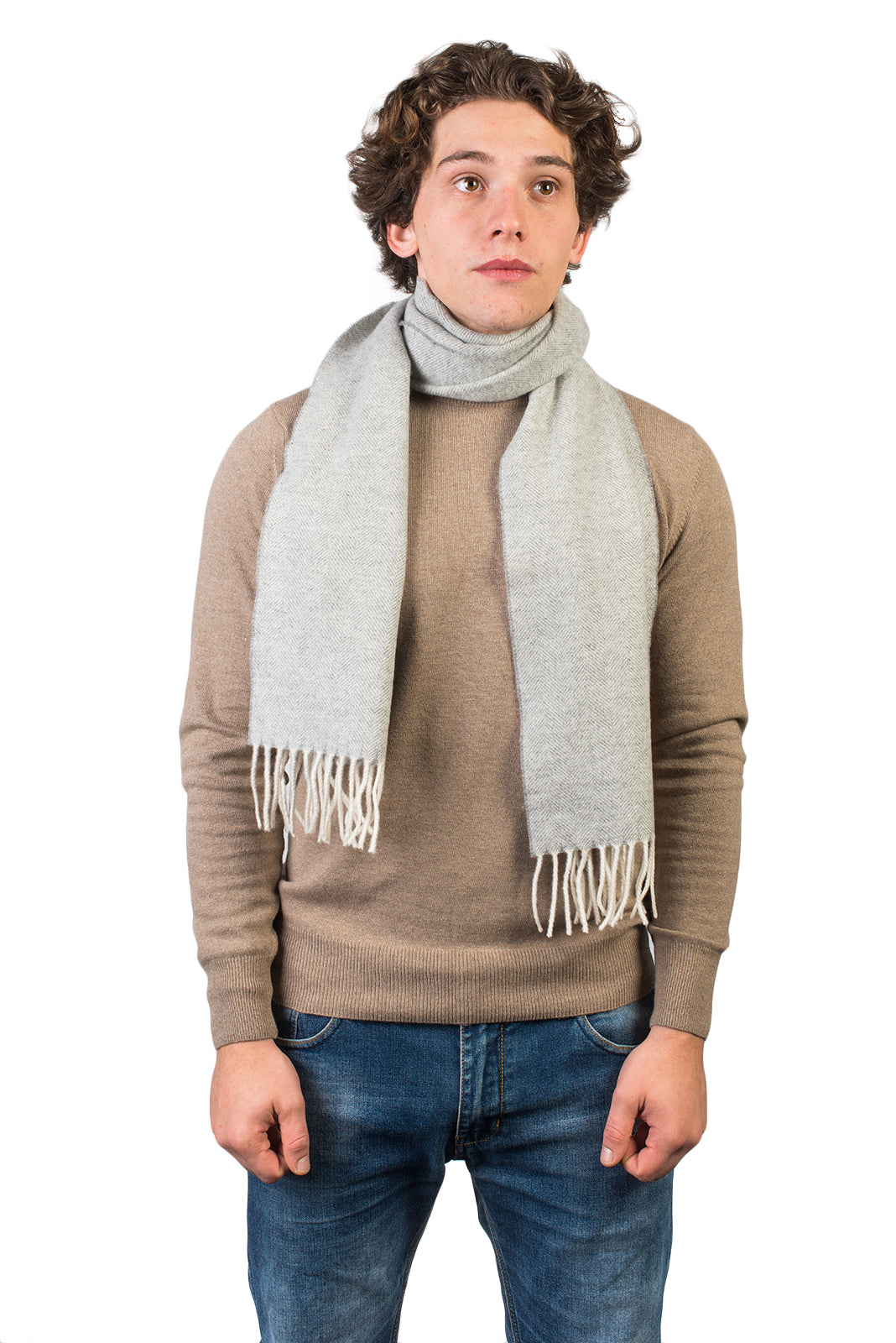 Herringbone wool and cashmere scarf, colour Light Grey | Dalle Piane Cashmere