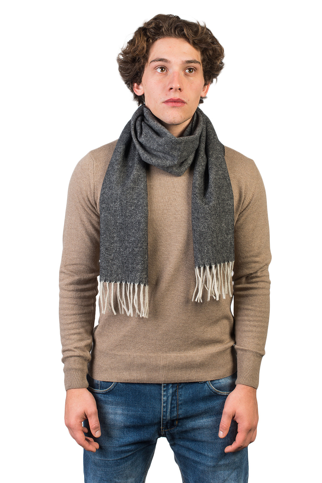 Herringbone wool and cashmere scarf, colour Black | Dalle Piane Cashmere