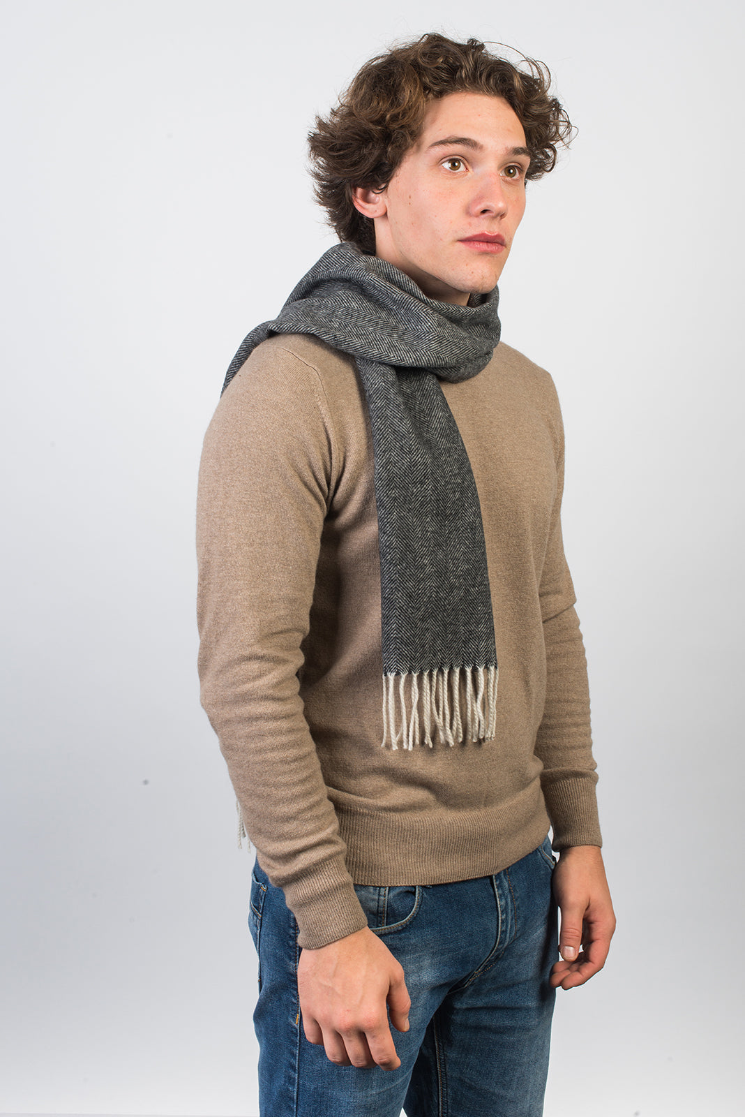 Herringbone wool and cashmere scarf, colour Black, view 2 | Dalle Piane Cashmere