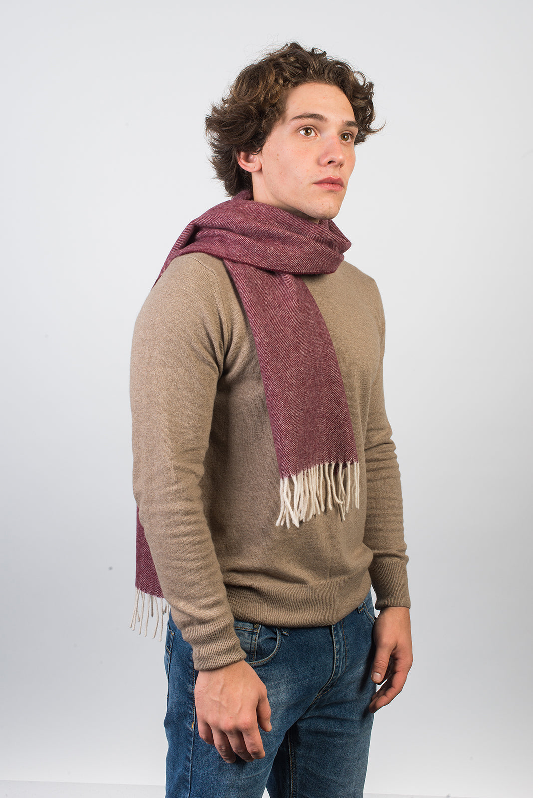Herringbone wool and cashmere scarf, colour Bordeaux, view 2 | Dalle Piane Cashmere