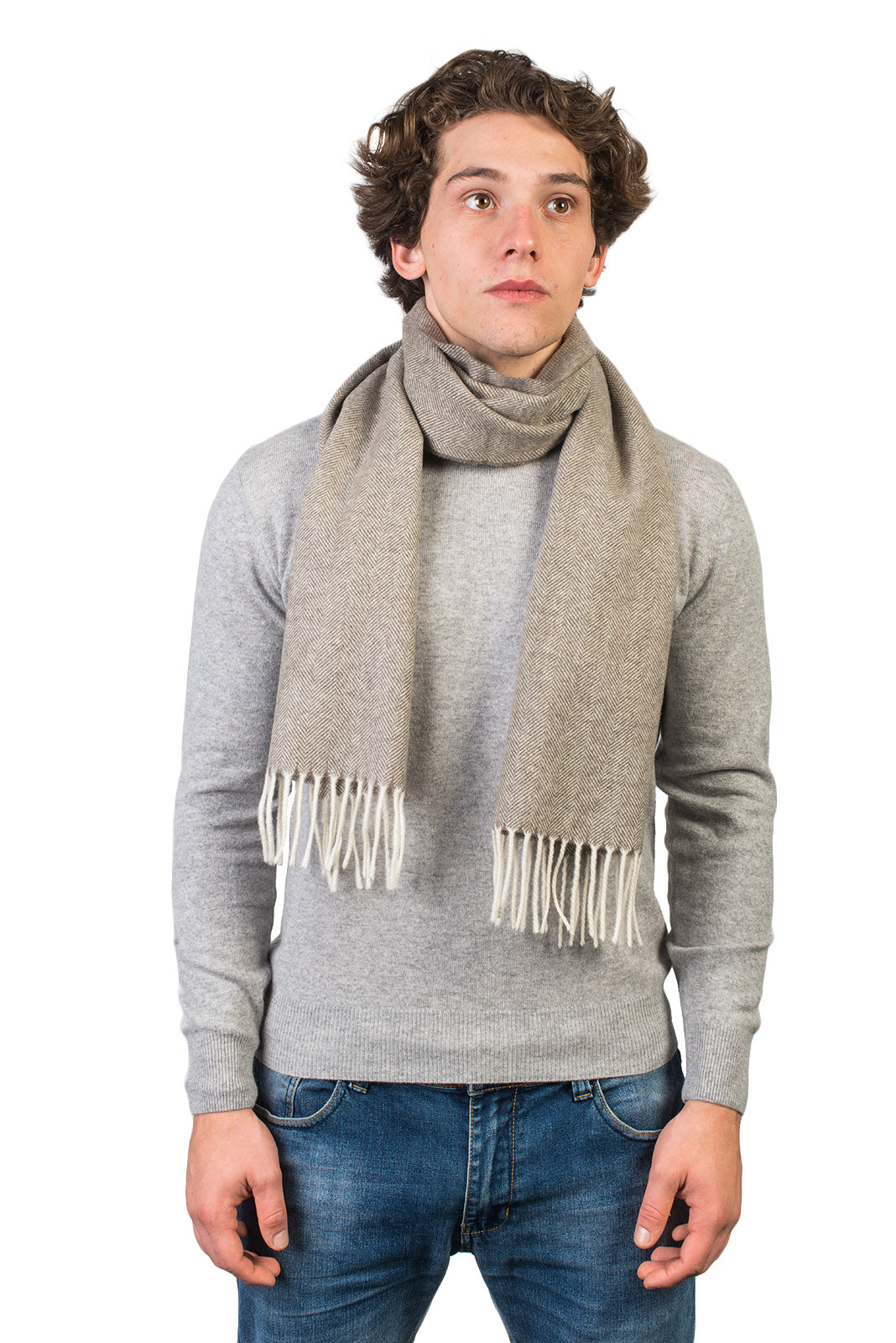 Herringbone wool and cashmere scarf, colour Taupe | Dalle Piane Cashmere