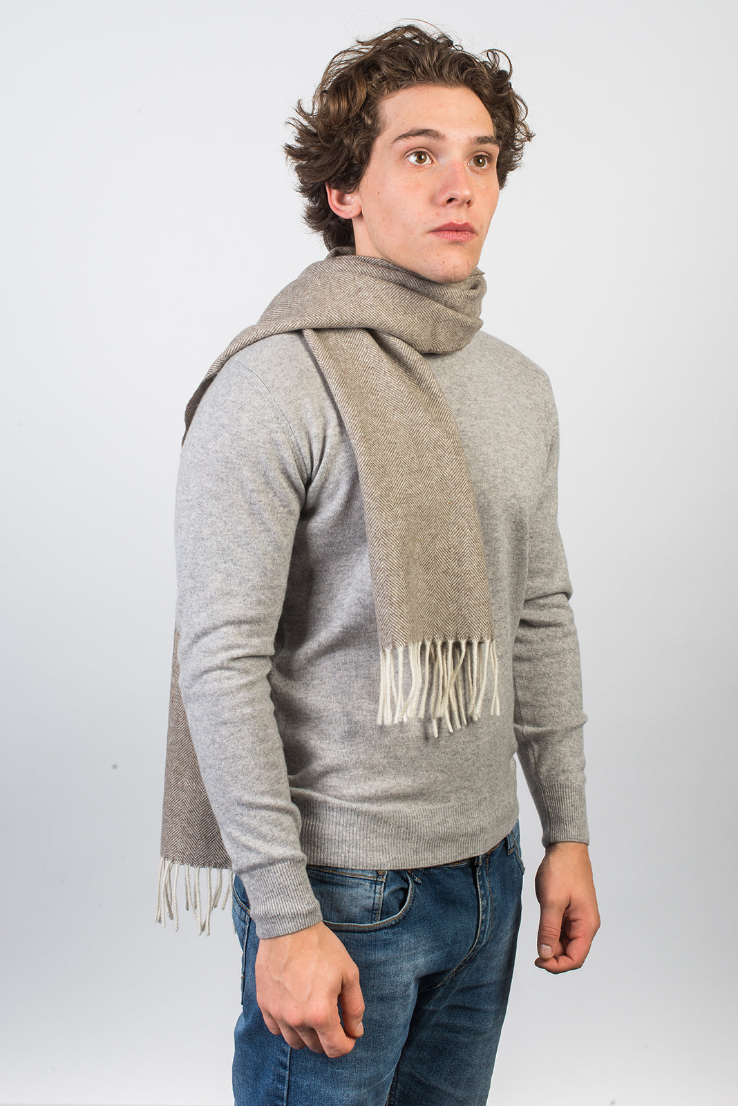 Herringbone wool and cashmere scarf, colour Taupe, view 2 | Dalle Piane Cashmere