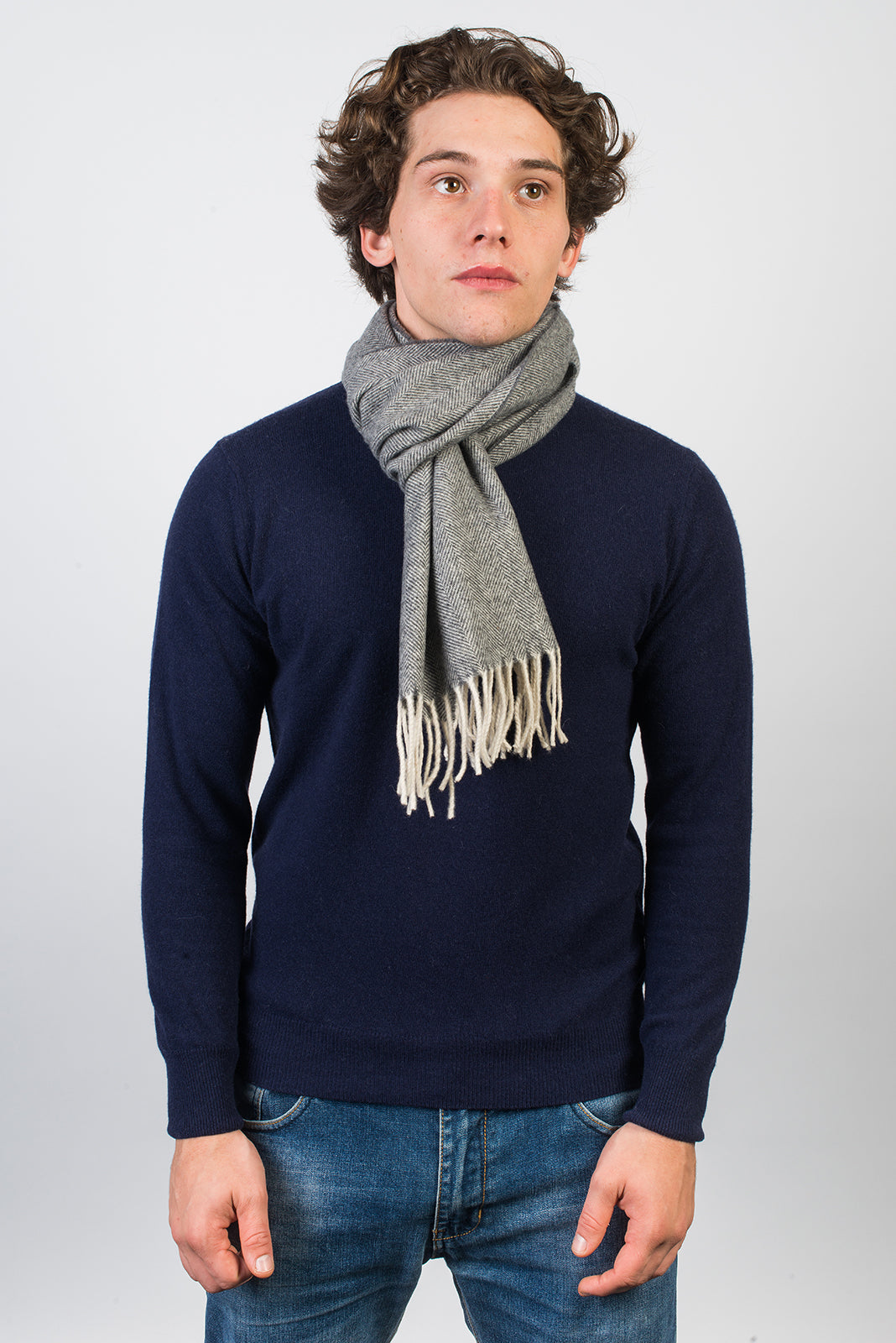 Herringbone wool and cashmere scarf, colour Dark Grey, view 3 | Dalle Piane Cashmere