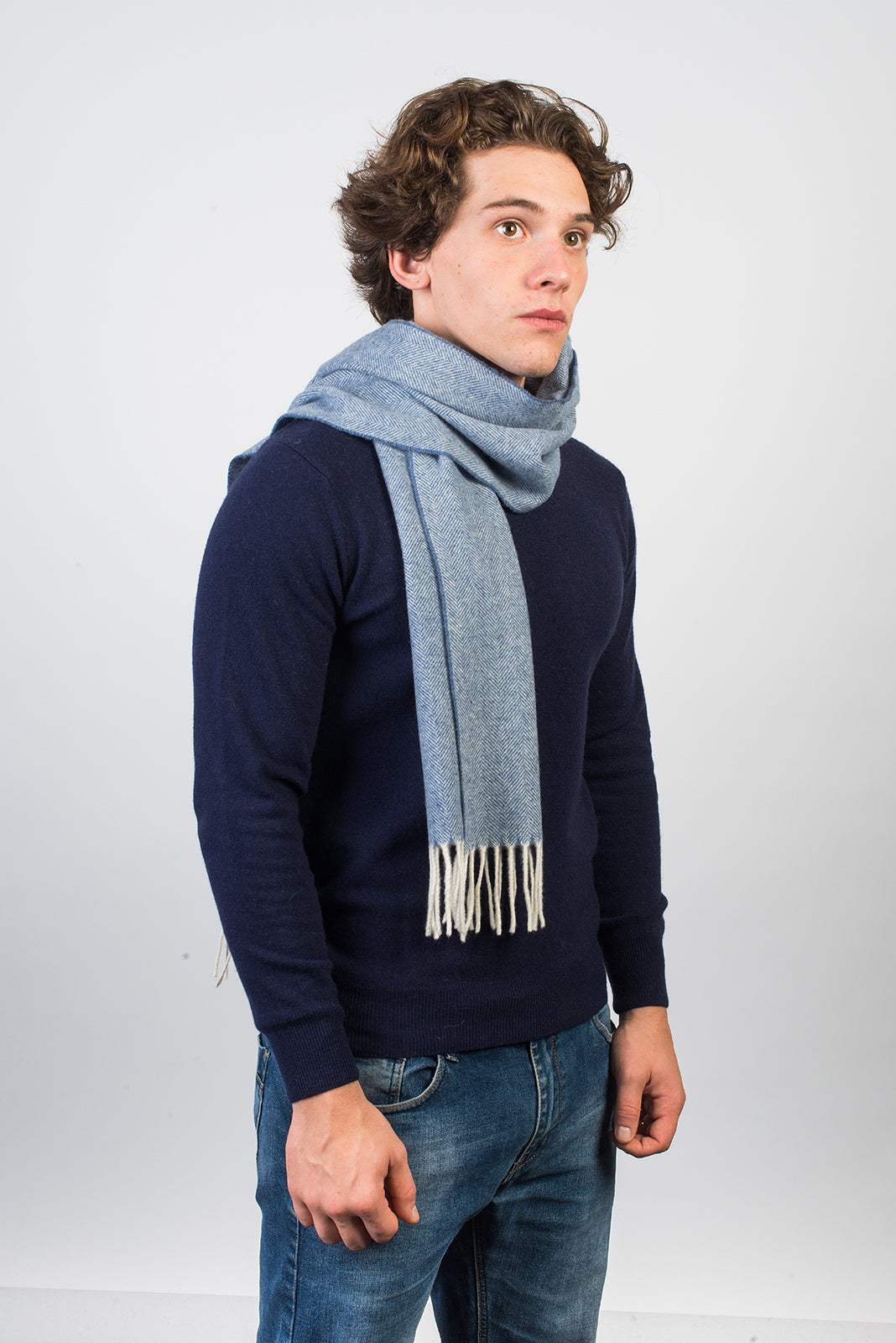 Herringbone wool and cashmere scarf, colour Sky, view 2 | Dalle Piane Cashmere