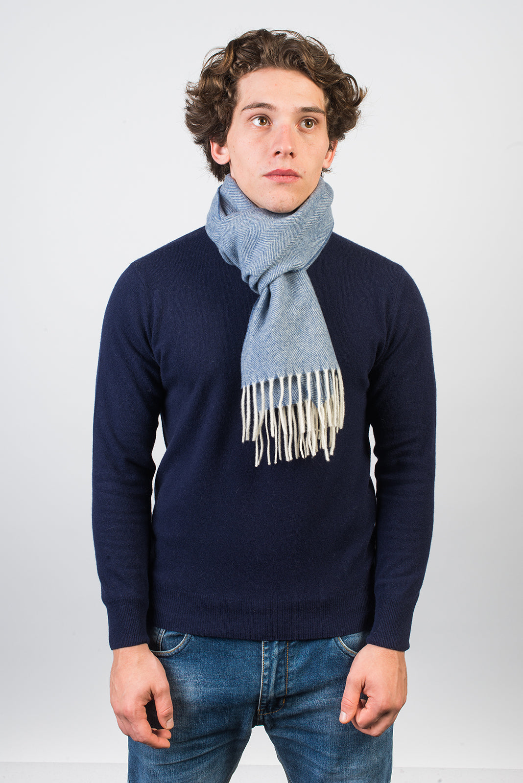 Herringbone wool and cashmere scarf, colour Sky, view 3 | Dalle Piane Cashmere