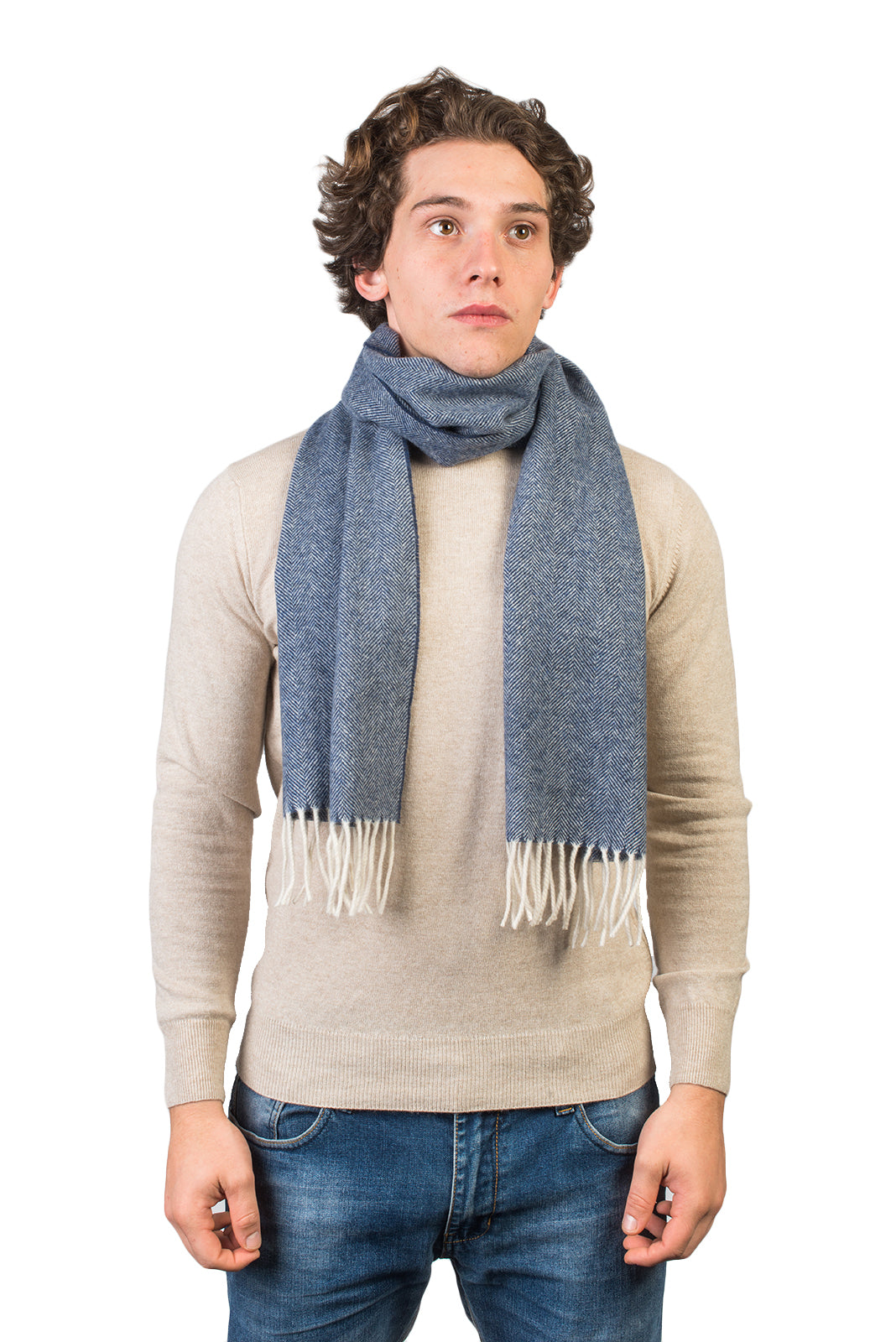 Herringbone wool and cashmere scarf, colour Blue | Dalle Piane Cashmere