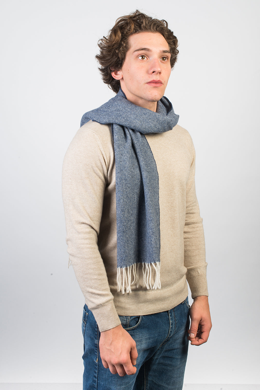 Herringbone wool and cashmere scarf, colour Blue, view 2 | Dalle Piane Cashmere