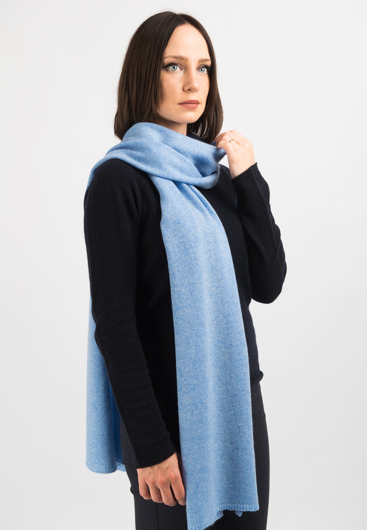 Women's wide 100% cashmere scarf, colour Sky, view 2 | Dalle Piane Cashmere