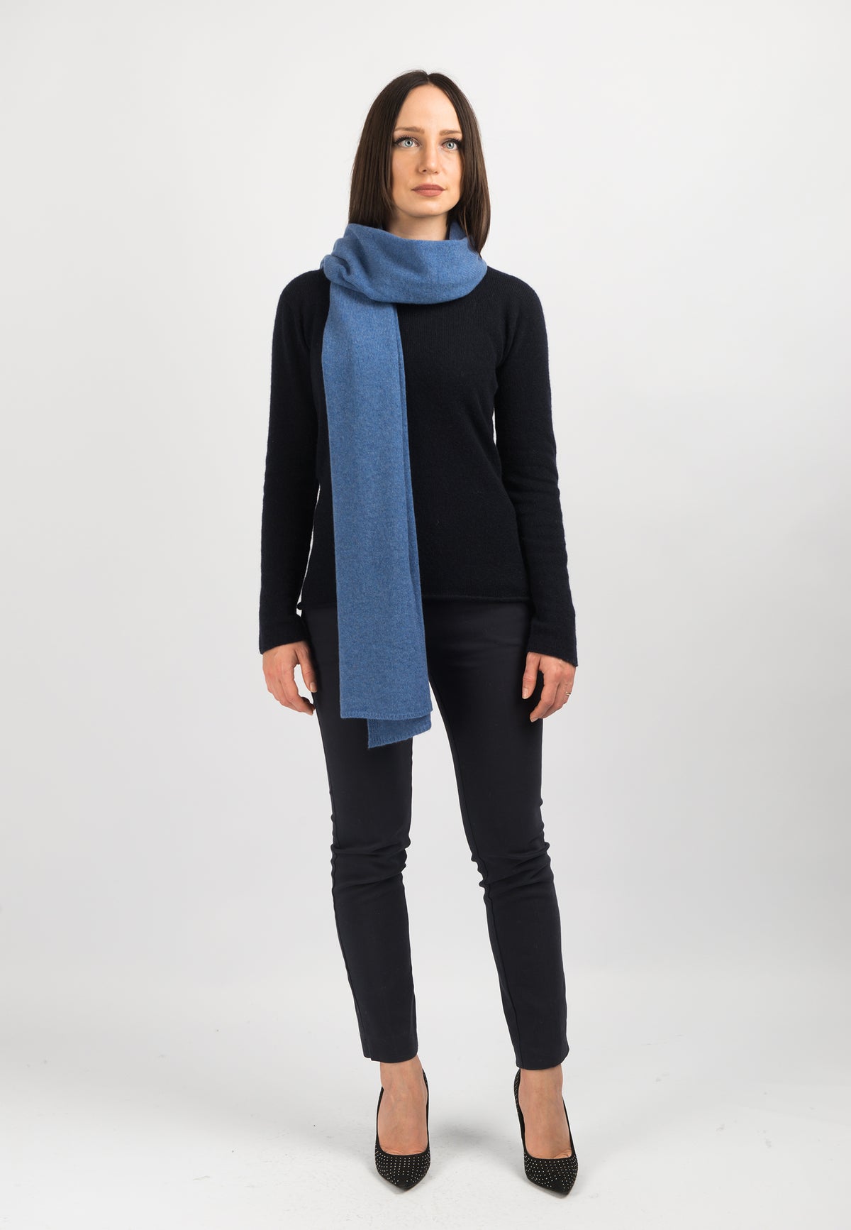 Women's wide 100% cashmere scarf, colour Light Blue, view 2 | Dalle Piane Cashmere
