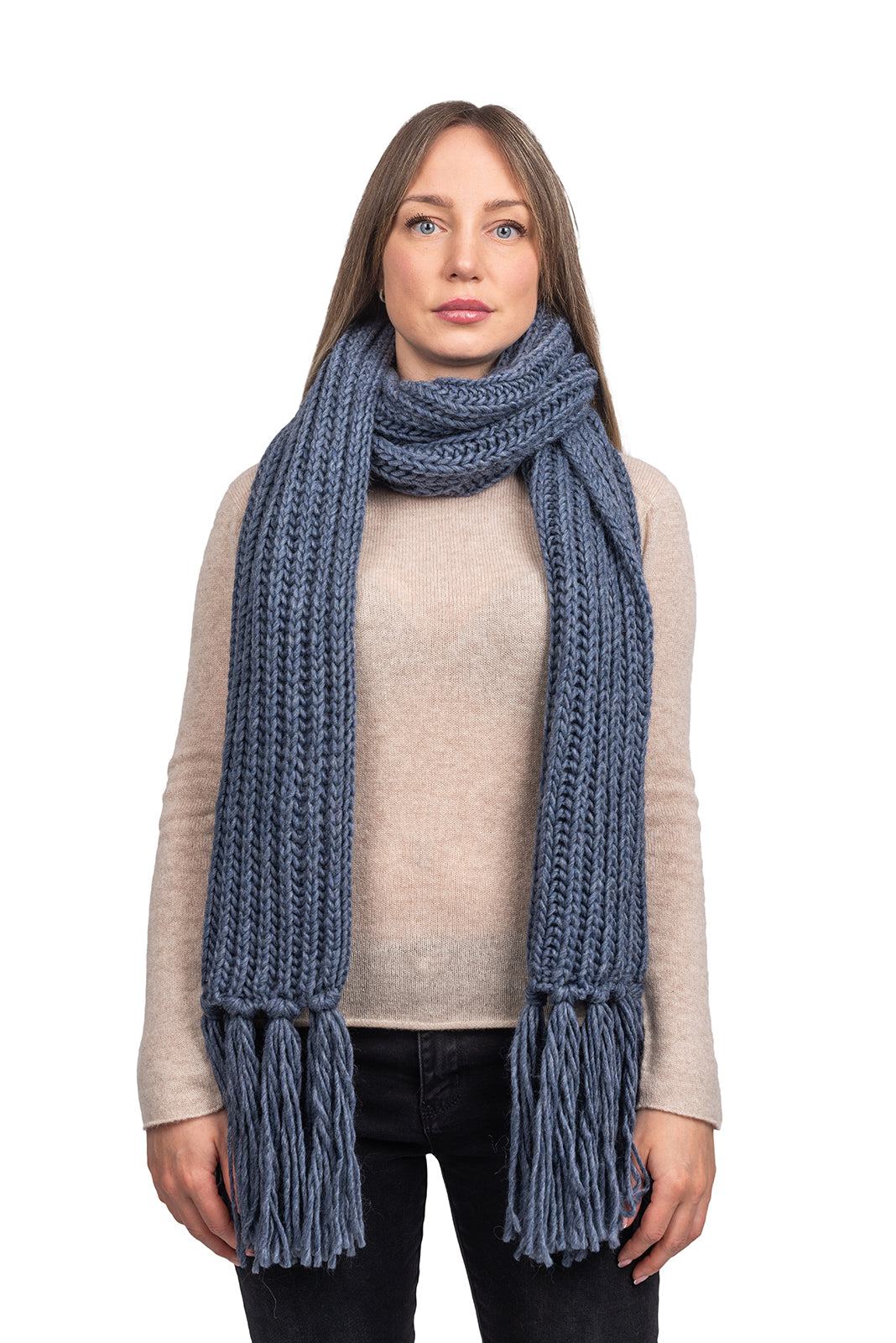 Fisherman's rib scarf with fringe, colour Jeans | Dalle Piane Cashmere