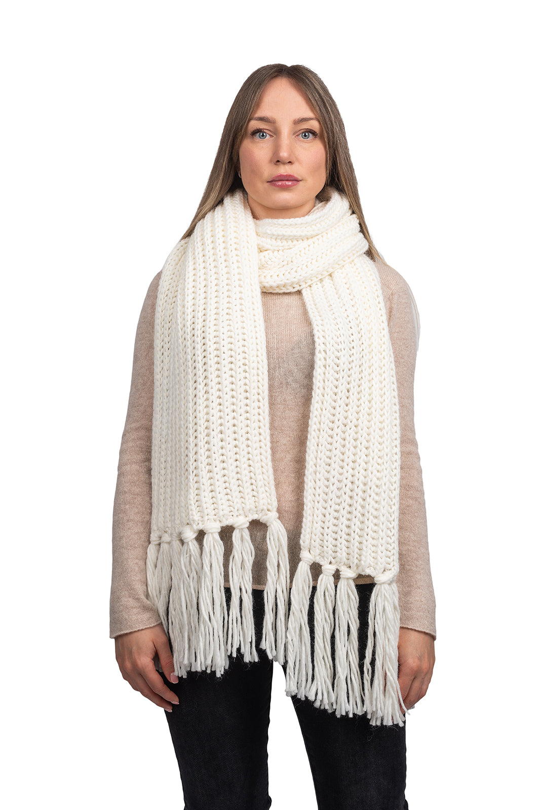 Fisherman's rib scarf with fringe, colour White | Dalle Piane Cashmere