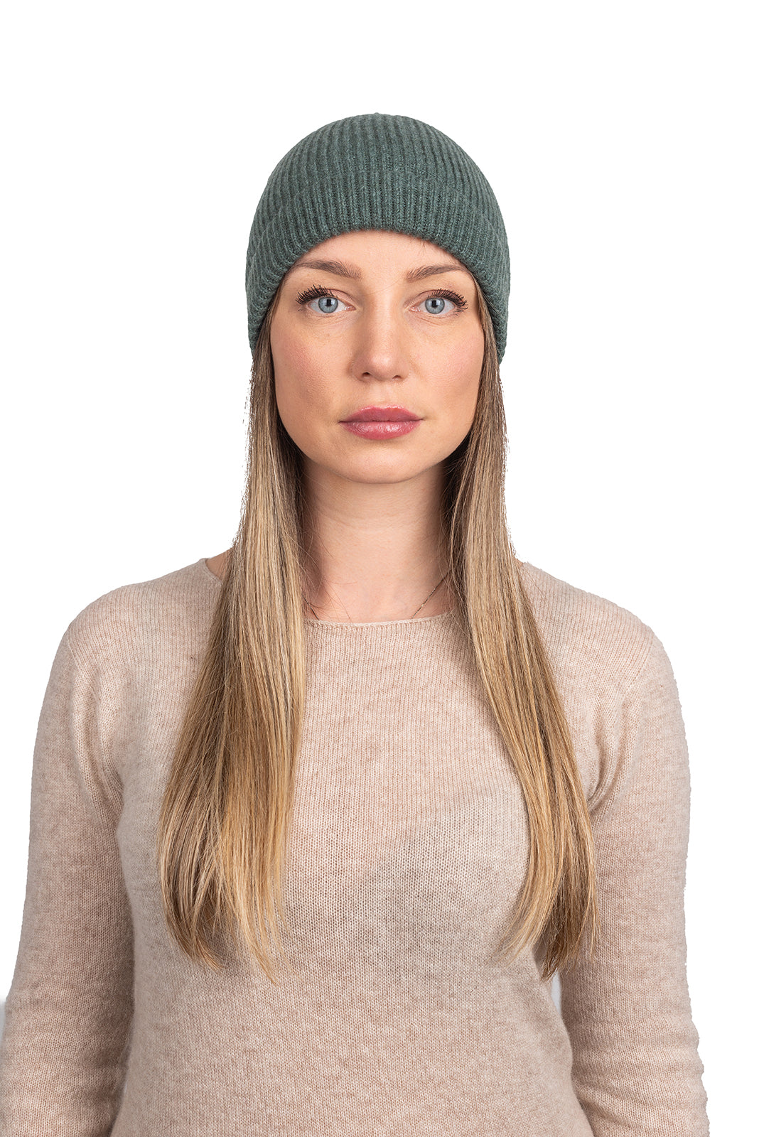 Women's fisherman's rib 100% cashmere beanie, colour Sage Green | Dalle Piane Cashmere