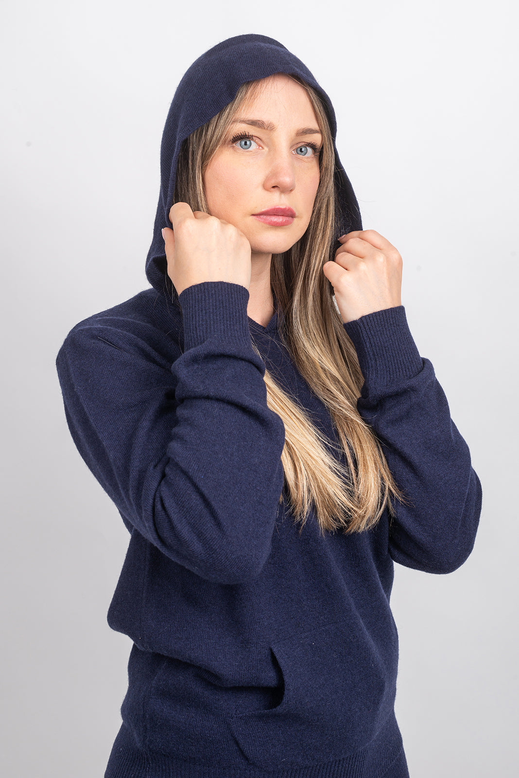 Women's hooded cashmere blend sweatshirt, colour Blue, view 5 | Dalle Piane Cashmere