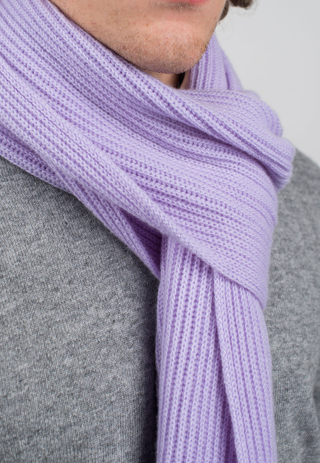 Men's fisherman's rib 100% cashmere scarf, colour Lilac, view 3 | Dalle Piane Cashmere
