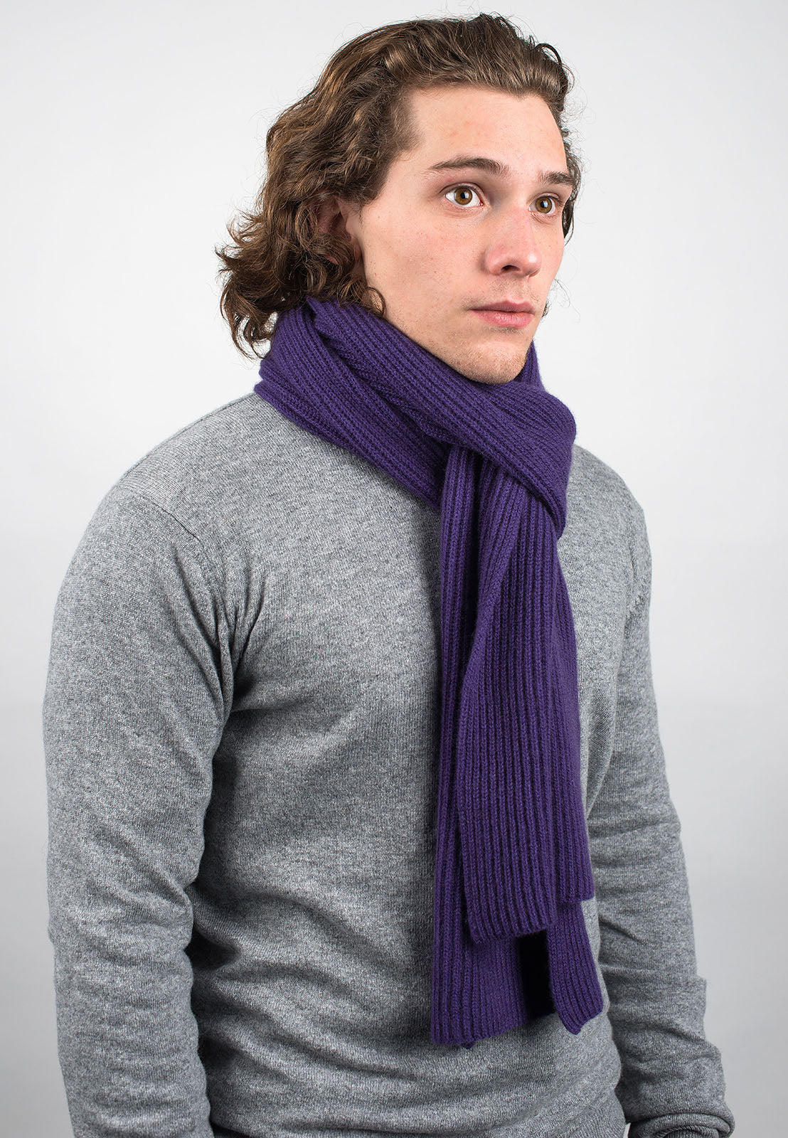 Men's fisherman's rib 100% cashmere scarf, colour Purple, view 2 | Dalle Piane Cashmere