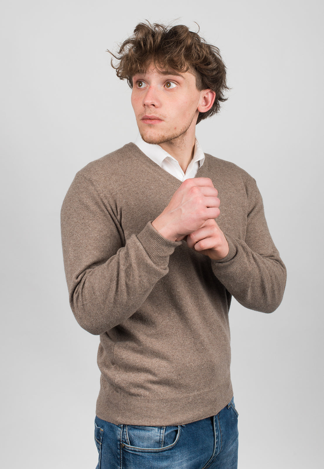 Men's cashmere blend V-neck, colour Mink, view 3 | Dalle Piane Cashmere