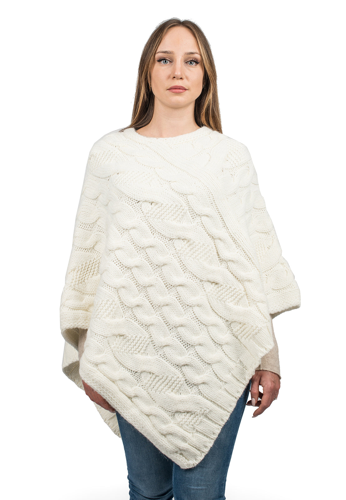 Cable-knit V-neck poncho, colour Cream | Dalle Piane Cashmere