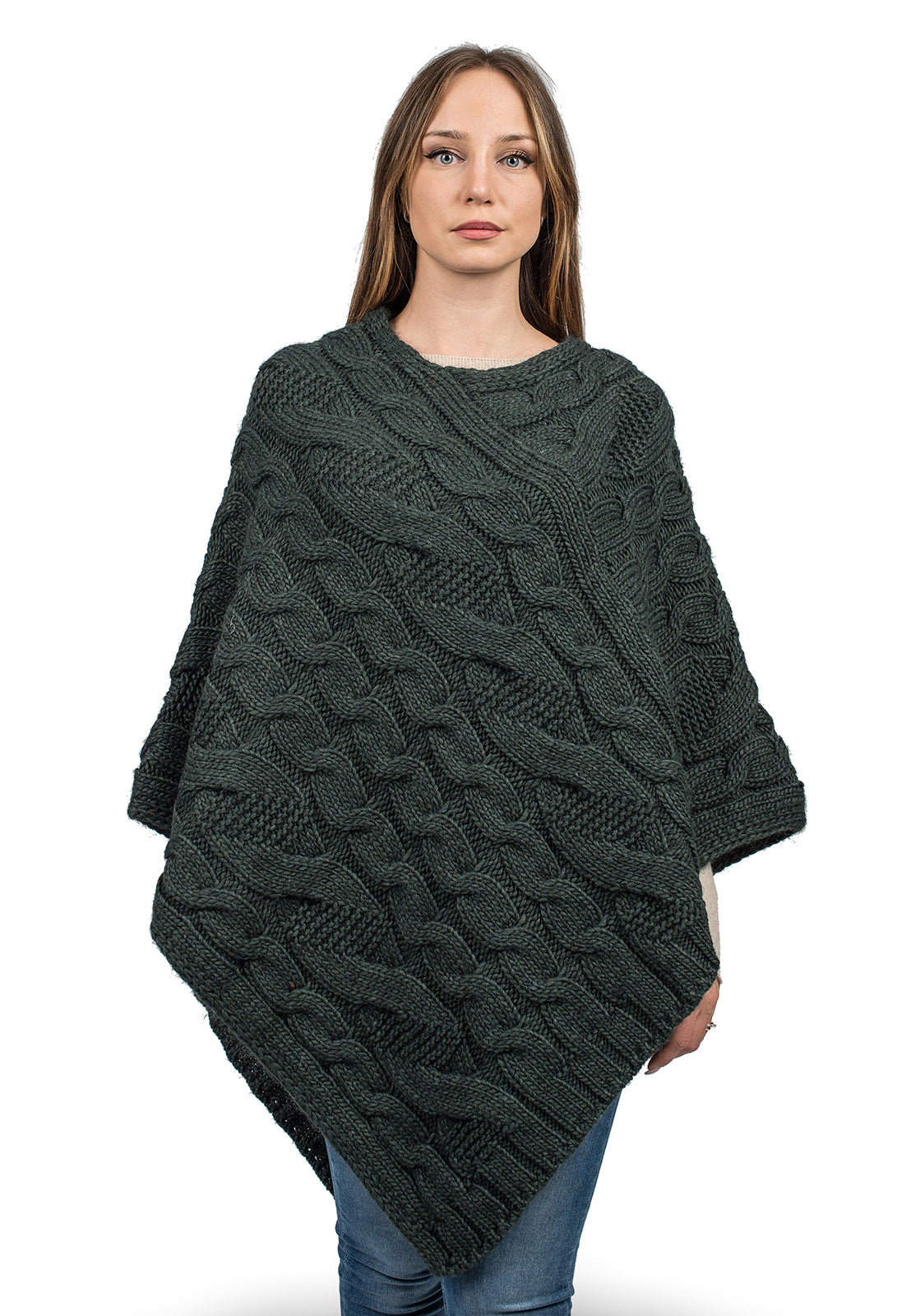 Cable-knit V-neck poncho, colour Green | Dalle Piane Cashmere