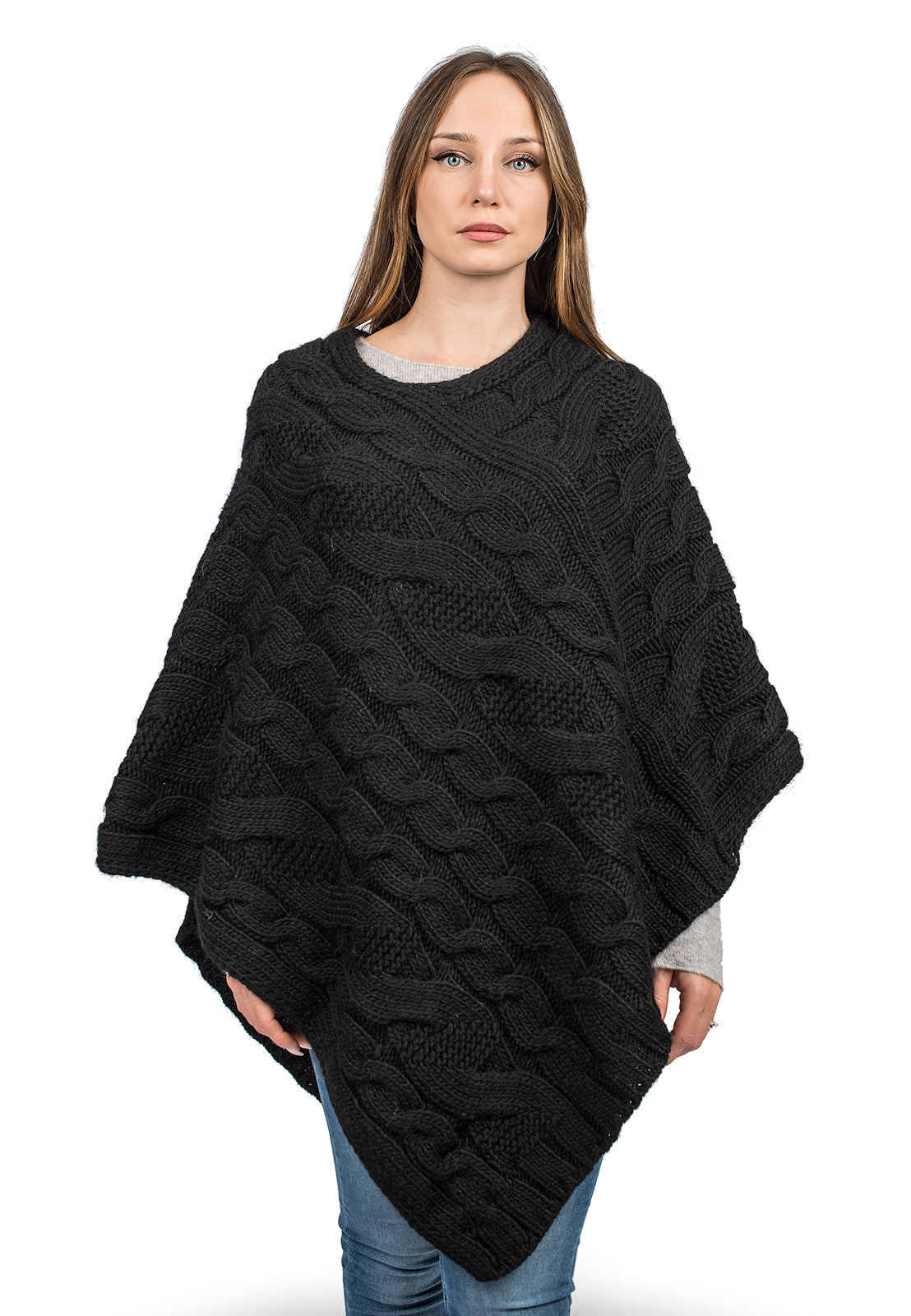 Cable-knit V-neck poncho, colour Black | Dalle Piane Cashmere