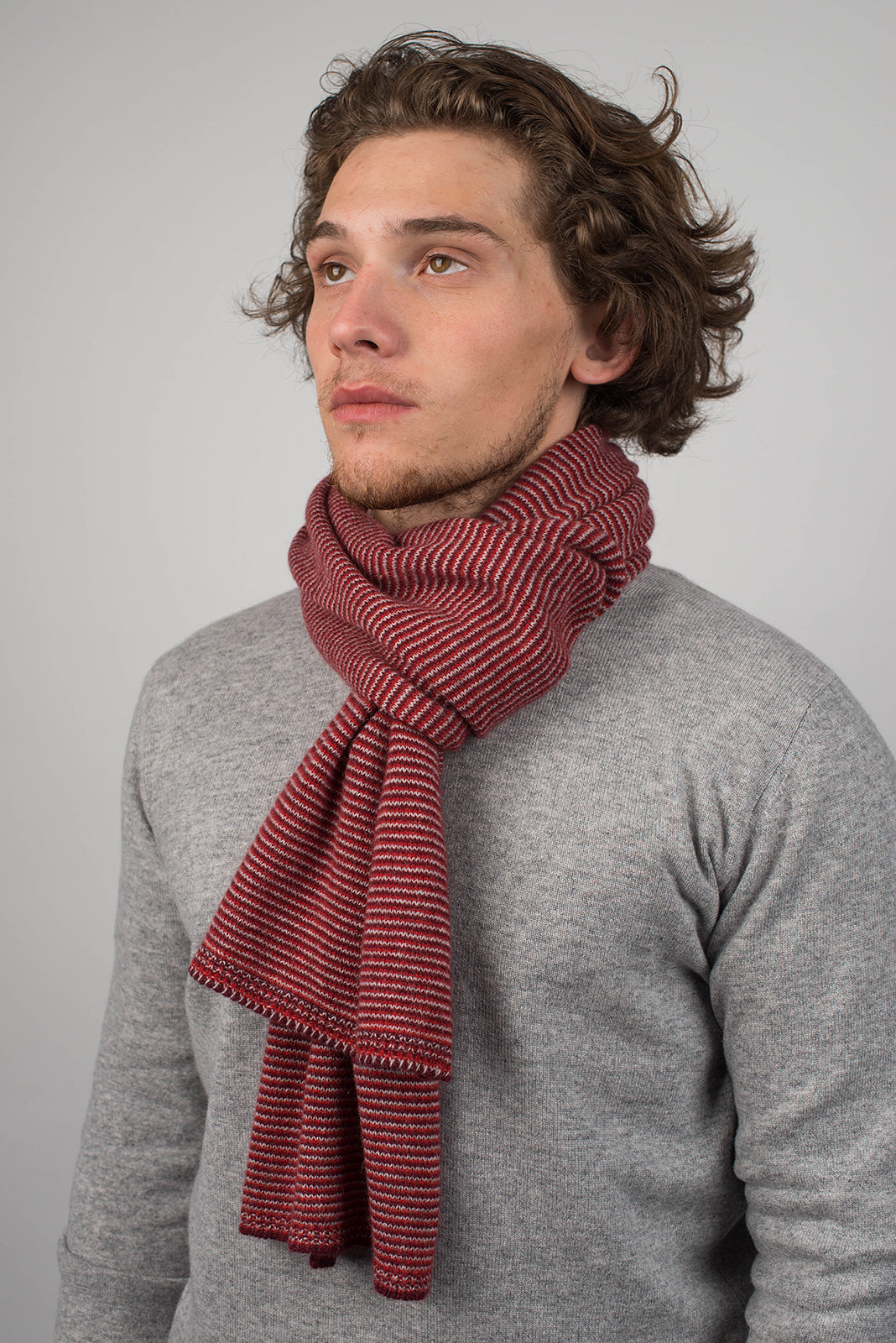 Men's striped 100% cashmere scarf, colour Red-Bordeaux-Grey, view 3 | Dalle Piane Cashmere