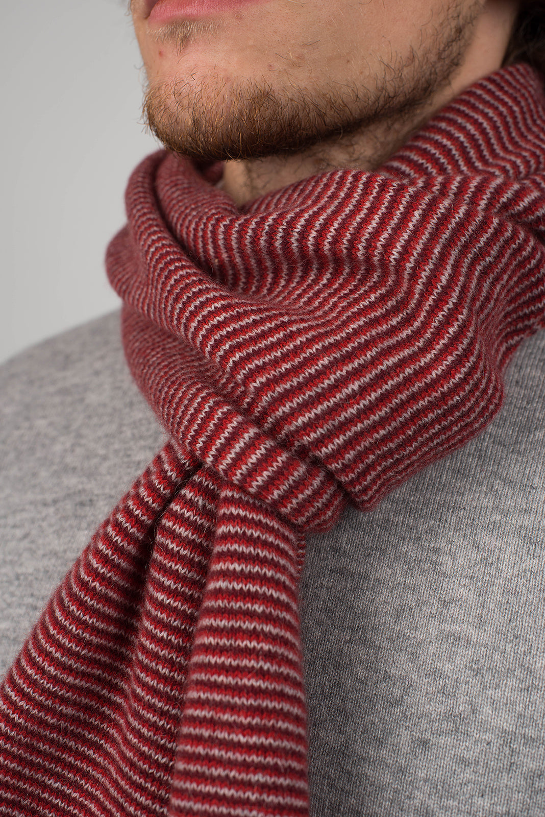 Men's striped 100% cashmere scarf, colour Red-Bordeaux-Grey, view 4 | Dalle Piane Cashmere