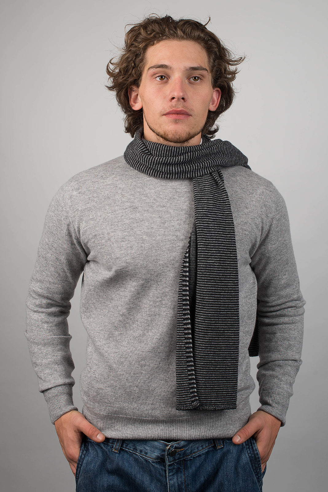 Men's striped 100% cashmere scarf, colour Black-Anthracite-Grey, view 2 | Dalle Piane Cashmere