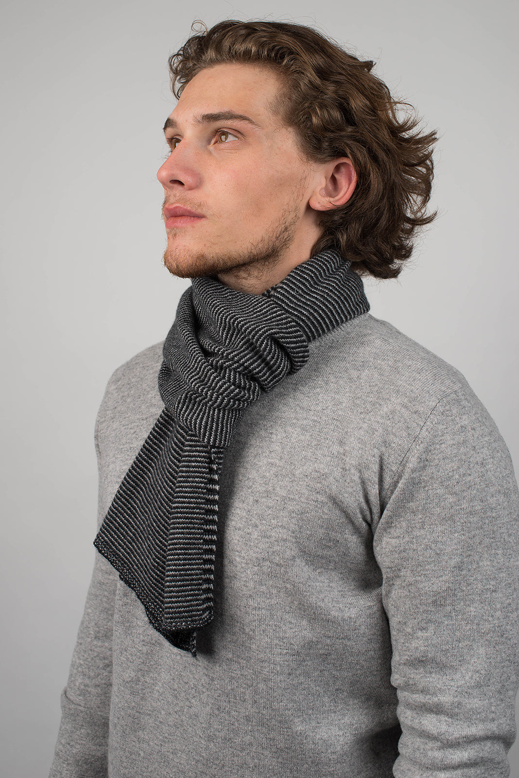 Men's striped 100% cashmere scarf, colour Black-Anthracite-Grey, view 3 | Dalle Piane Cashmere