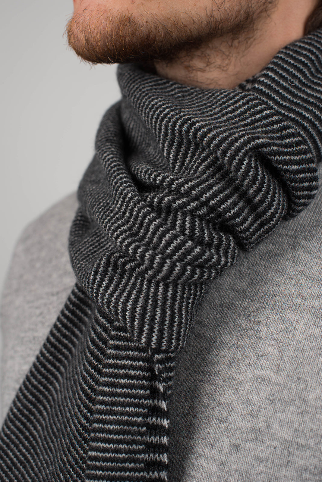 Men's striped 100% cashmere scarf, colour Black-Anthracite-Grey, view 4 | Dalle Piane Cashmere