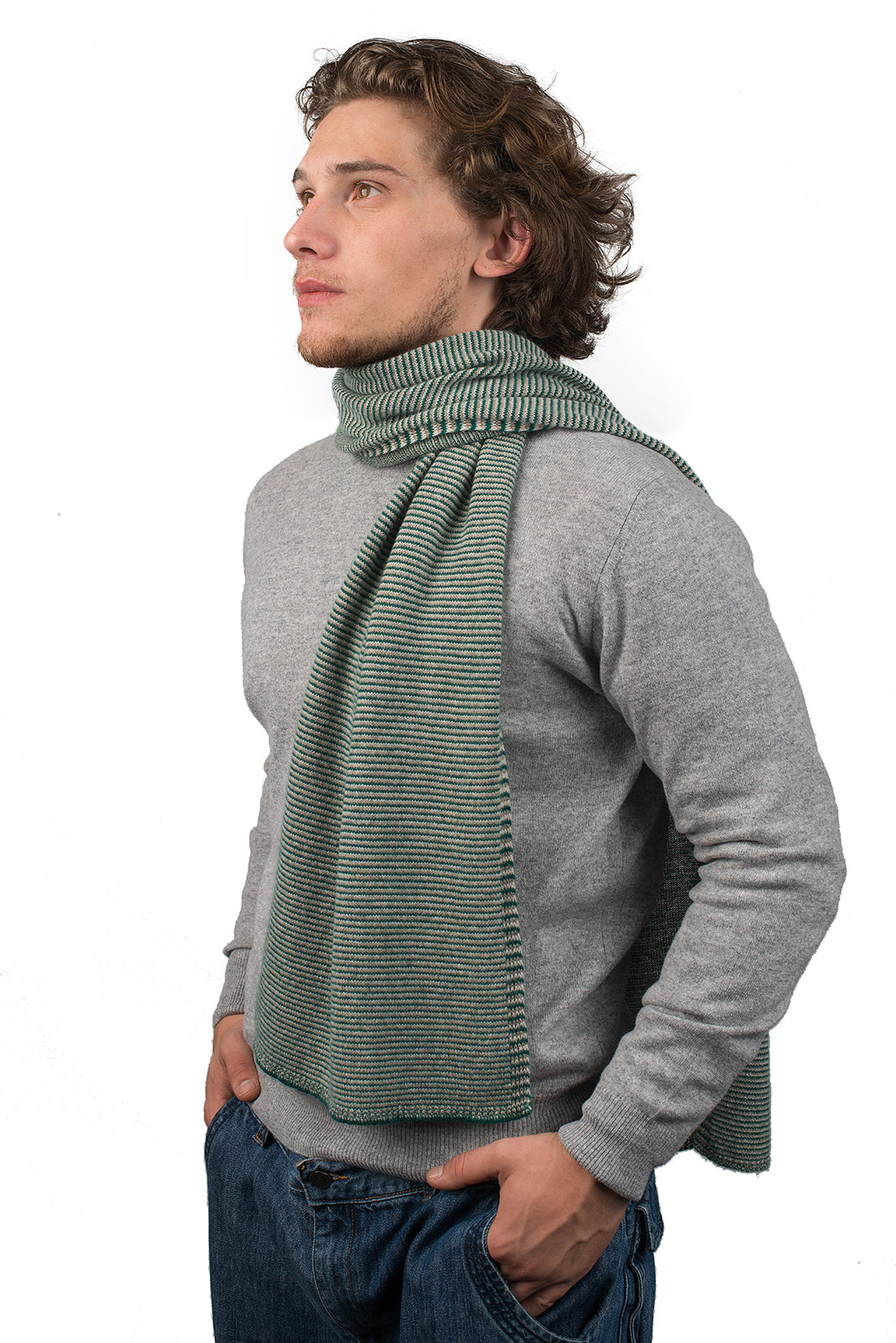 Men's striped 100% cashmere scarf, colour Green-Beige-Cream | Dalle Piane Cashmere