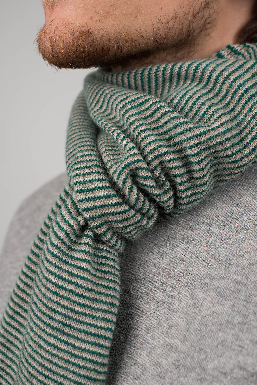 Men's striped 100% cashmere scarf, colour Green-Beige-Cream, view 4 | Dalle Piane Cashmere