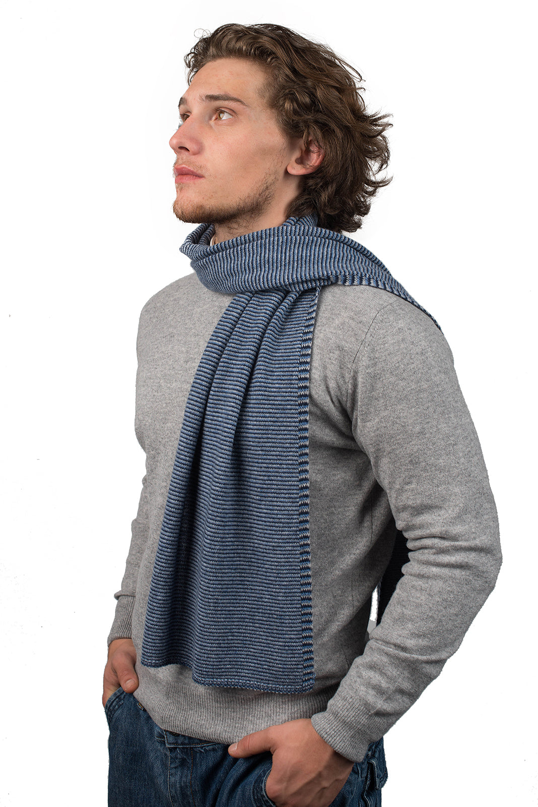 Men's striped 100% cashmere scarf, colour Blue-Light Blue-Sky | Dalle Piane Cashmere