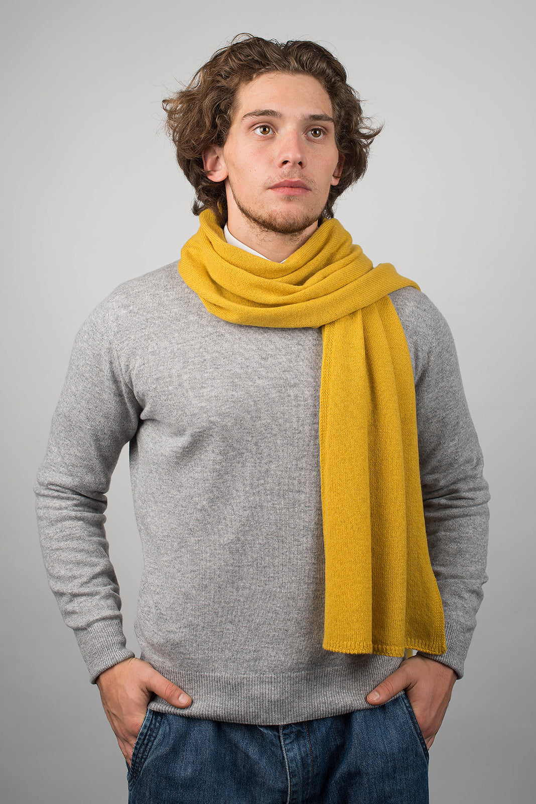 Men's wide 100% cashmere scarf, colour Yellow, view 2 | Dalle Piane Cashmere