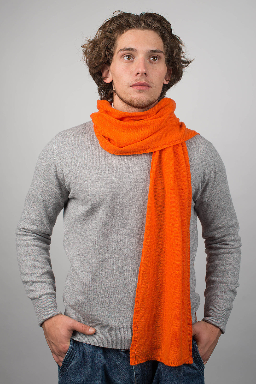 Men's wide 100% cashmere scarf, colour Orange, view 2 | Dalle Piane Cashmere
