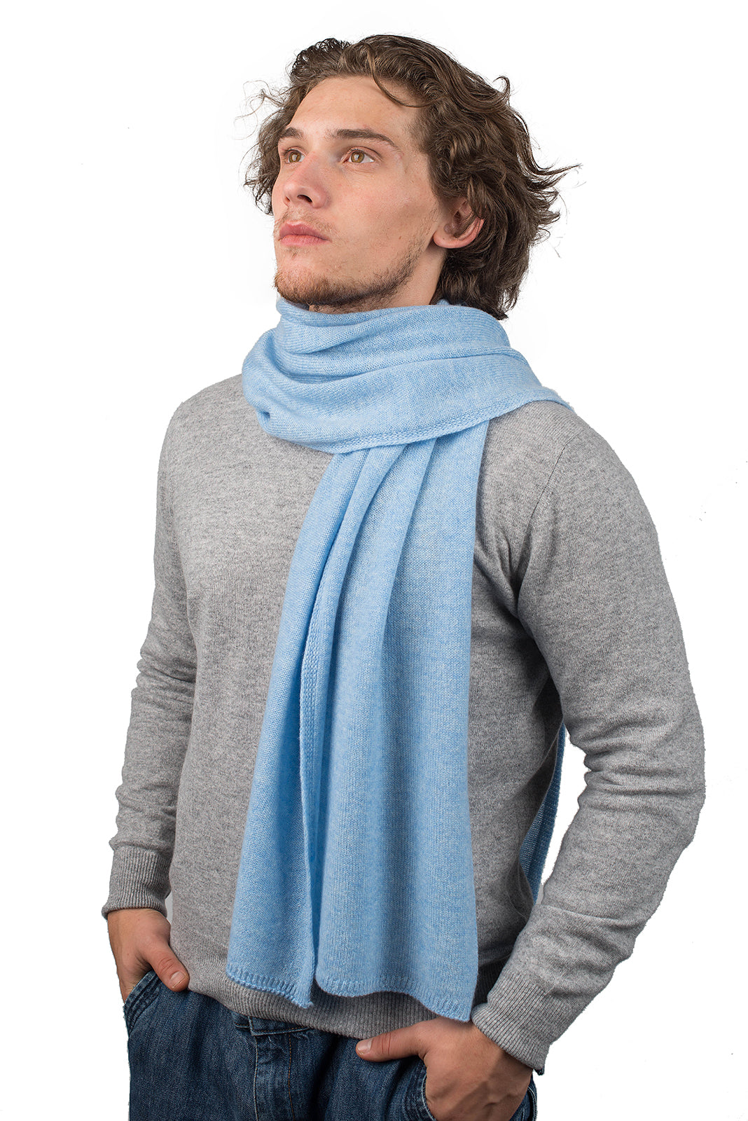 Men's wide 100% cashmere scarf, colour Sky | Dalle Piane Cashmere