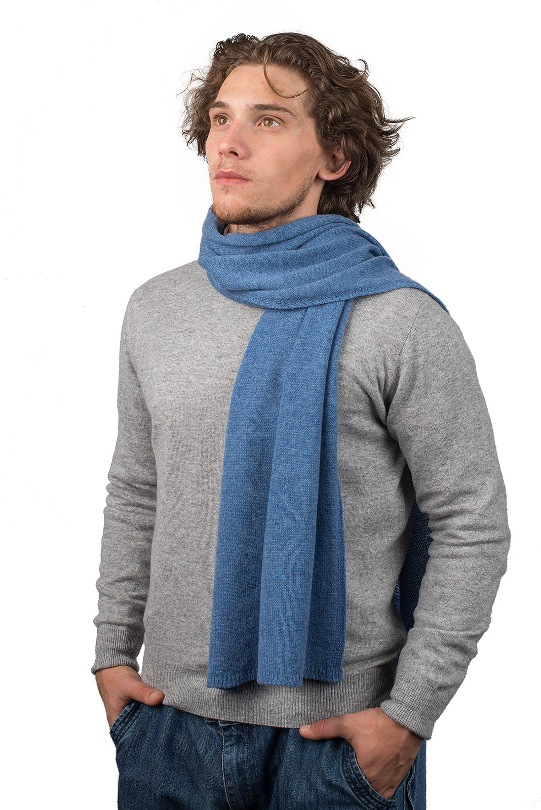 Men's wide 100% cashmere scarf, colour Light Blue | Dalle Piane Cashmere