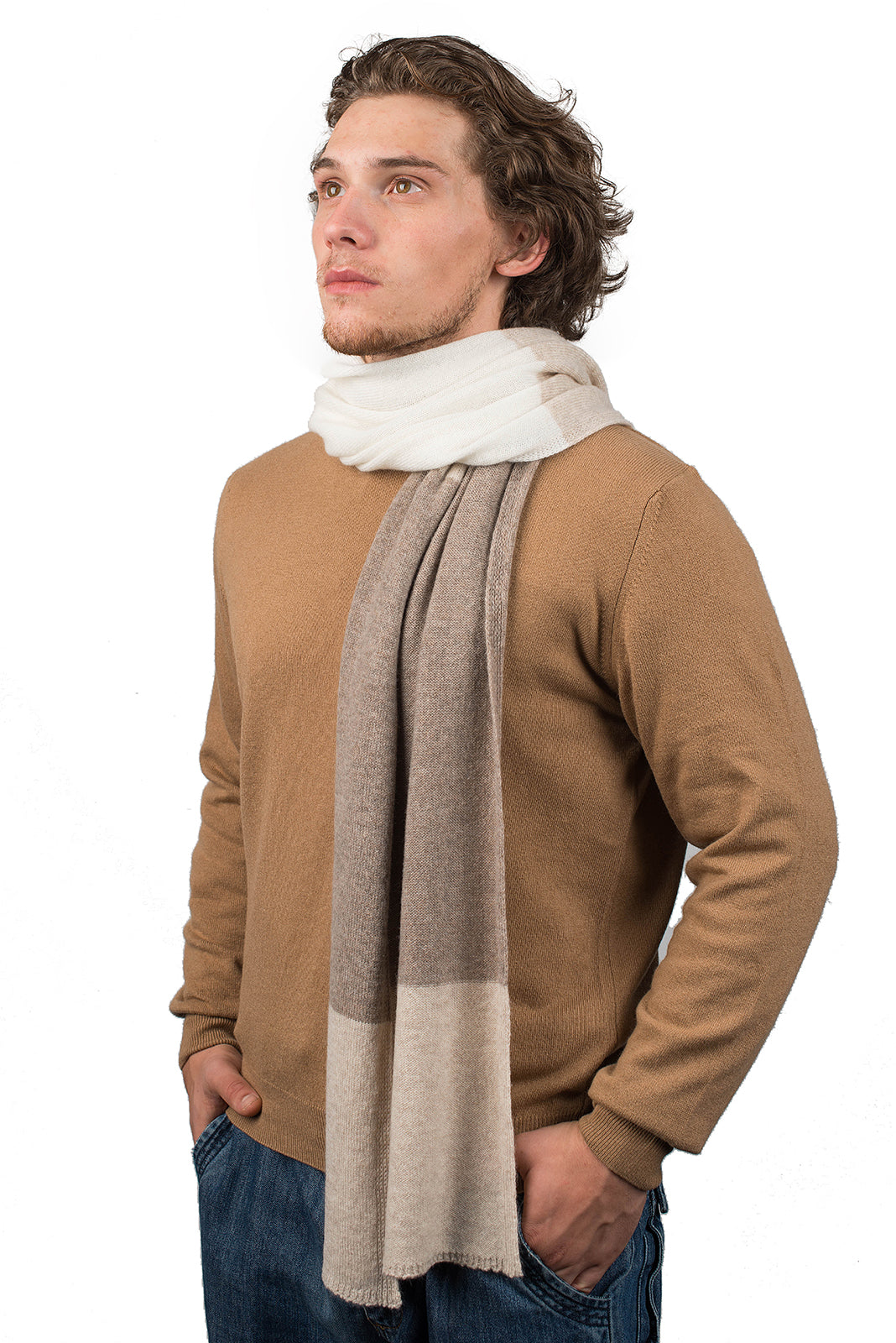 Men's three-colour 100% cashmere scarf, colour Beige-Mink-Cream | Dalle Piane Cashmere